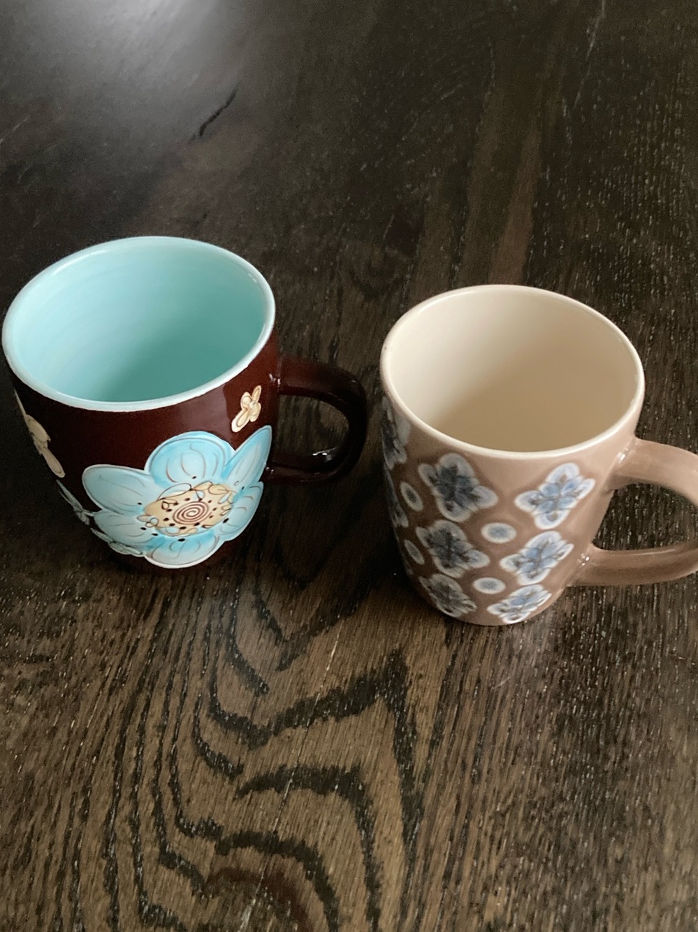 Floral Ceramic Mugs in Brown, Blue & Cream